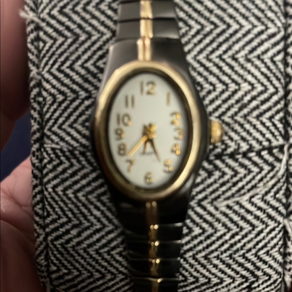 Gold and Black Dress Watch with Oval Face and Two-Tone Bracelet